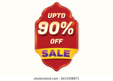 Sale Discount Label. Festival Ethnic Shape Sale Promotion Stamp. Price Upto 90% Off Tag. Red And Yellow Combo Sale Label.