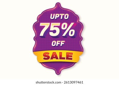 Sale Discount Label. Festival Ethnic Shape Sale Promotion Stamp. Price Upto 75% Off Tag. Purple And Yellow Combo Sale Label.
