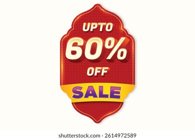 Sale Discount Label. Festival Ethnic Shape Sale Promotion Stamp. Price Upto 60% Off Tag. Red And Yellow Combo Sale Label.