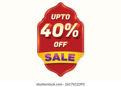 Sale Discount Label. Festival Ethnic Shape Sale Promotion Stamp. Price Upto 40% Off Tag. Red And Yellow Combo Sale Label.	