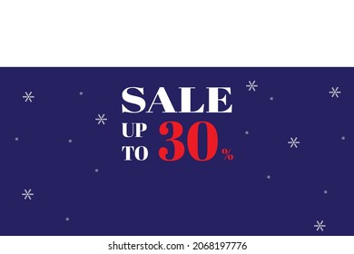 sale discount label, poster, banner background, up to 30, winter, blue, white, red, snow. Vector illustration