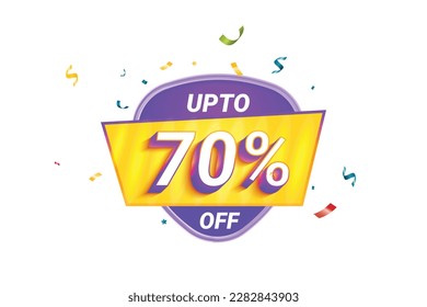 Sale Discount Label. Rounded Triangle Shape Sale Promotion Stamp. Price Upto 70% Off Tag. Purple and Yellow Combo Sale Label.