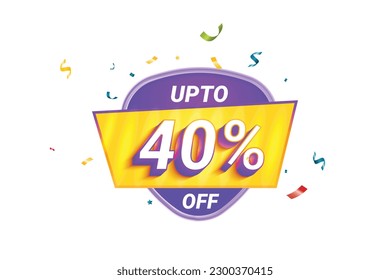 Sale Discount Label. Rounded Triangle Shape Sale Promotion Stamp. Price Upto 40% Off Tag. Purple and Yellow Combo Sale Label.