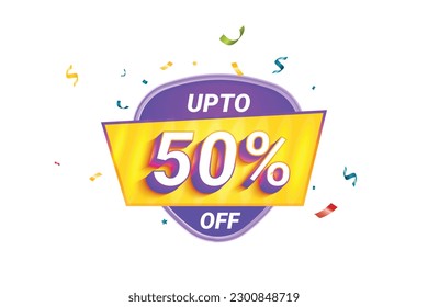 Sale Discount Label. Rounded Triangle Shape Sale Promotion Stamp. Price Upto 50% Off Tag. Purple and Yellow Combo Sale Label.