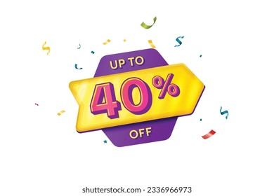 Sale Discount Label. Rounded Triangle Shape Sale Promotion Stamp. Price Upto 40% Off Tag. Purple and Yellow Combo Sale Label.