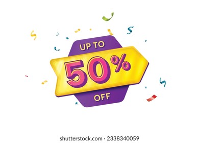 Sale Discount Label. Rounded Triangle Shape Sale Promotion Stamp. Price Upto 50% Off Tag. Purple and Yellow Combo Sale Label.