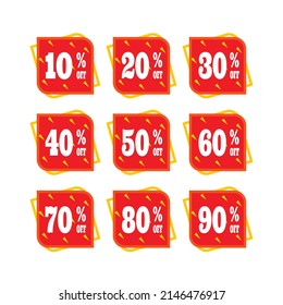 Sale discount label set. 10, 20, 25, 30, 35, 40, 50, 60, 70, 80 and 90 percent price, discount labels, badge promotion vector illustration.