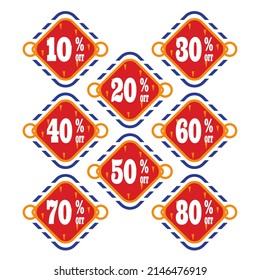 Sale discount label set. 10, 20, 25, 30, 35, 40, 50, 60, 70, 80 and 90 percent price, discount labels, badge promotion vector illustration.
