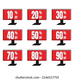 Sale discount label set. 10, 20, 25, 30, 35, 40, 50, 60, 70, 80 and 90 percent price, discount labels, badge promotion vector illustration.