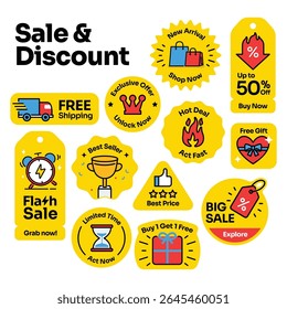 Ensemble d'étiquettes de vente et de réduction, avec des étiquettes promotionnelles audacieuses et colorées telles que cadeau gratuit, offre exclusive, temps limité, magasiner maintenant, meilleure offre, réduction spéciale et plus encore