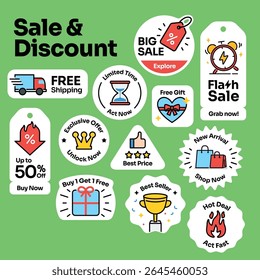 Ensemble d'étiquettes de vente et de réduction, avec des étiquettes promotionnelles audacieuses et colorées telles que cadeau gratuit, offre exclusive, temps limité, magasiner maintenant, meilleure offre, réduction spéciale et plus encore
