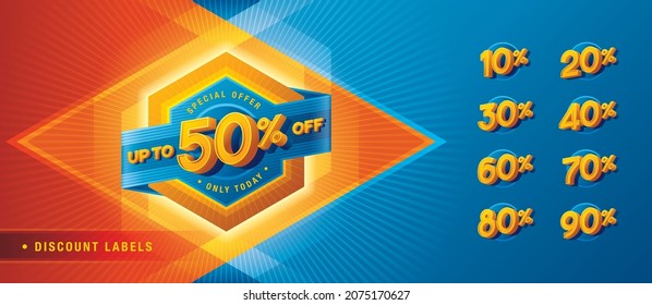 Sale and discount labels, Abstract Blue Hexagon offer Sale Discount labels set design, Discount tags collection with percent set, 10, 20, 30, 40, 50%, 60%, 70, 80%, 90 percent sale promotion tag.
