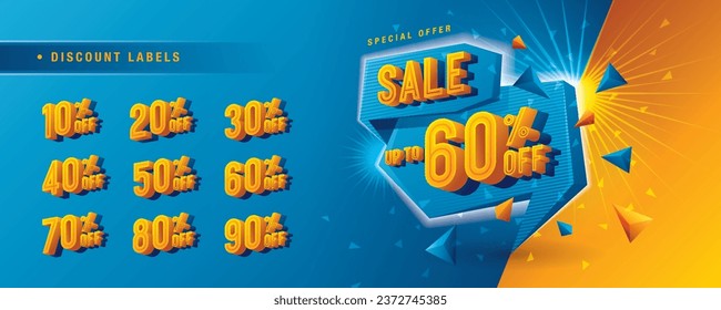 Sale and discount labels, Abstract Blue triangle Splash offer Sale Discount labels design, Condensed Font, Discount tags collection with percent set, 50%, 60%, 70 percent sale promotion. Price off tag