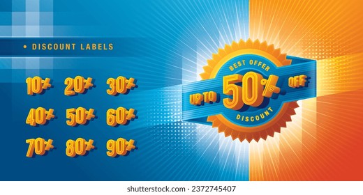 Sale and discount labels, Abstract Blue Star ribbon offer Sale Discount labels design, Condensed Font, Discount tags collection with percent set, 50%, 60%, 70, 80 percent sale promotion, Price off tag