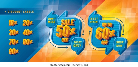 Sale and discount labels, Abstract Blue Speech Bubble Sale Discount labels set design, Condensed Font, Discount tags collection with percent set, 50%, 70%, 80 percent sale promotion tag. Price off tag