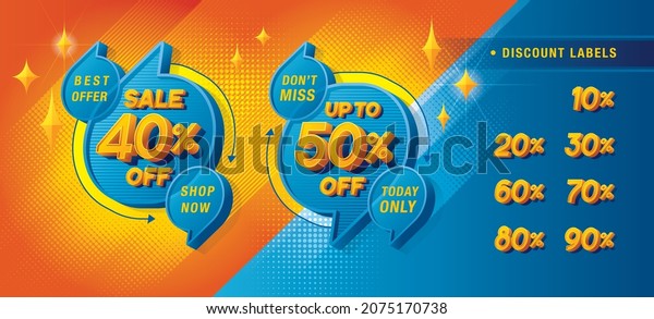 Sale and discount labels, Abstract Blue Speech Bubble\
offer Sale Discount labels set design, Discount tags collection\
with percent set, 10, 20, 30, 40, 50%, 60%, 70, 80%, 90 percent\
sale promotion tag