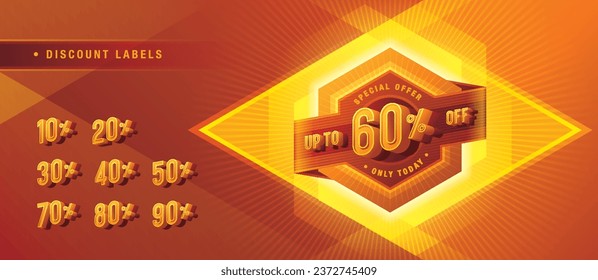 Sale and discount labels, Abstract Red Hexagon offer Sale Discount labels design, Condensed Font, Discount tags collection with percent set, 50%, 60%, 70%, 80 percent sale promotion tag. Price off tag