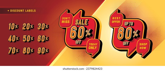 Sale and discount labels, Abstract Red Speech Bubble offer Sale Discount labels design, Condensed Font, Discount tags collection with percent set, 40, 50%, 60 percent sale promotion tag. Price off tag