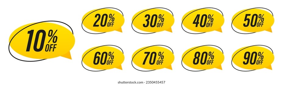 Sale and discount labels. Label price. 10, 20, 30, 40, 50, 60, 70, 80, 90 percent sale. Speech bubble discount tag. Promotion and advertising. Vector illustration	