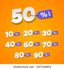 Sale and discount labels orange. Price off tag icon flat design collection set. 10, 20, 30, 40, 50, 60, 70, 80, 90 percent sale. Vector illustration.