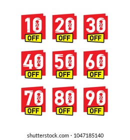 Sale and discount labels. Price off tag icon. 10, 20, 30, 40, 50, 60, 70, 80, 90 percent sale. Vector tags
