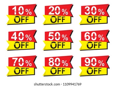 Sale and discount labels. Price off tag icon. 10, 20, 30, 40, 50, 60, 70, 80, 90 percent sale. Vector illustration.