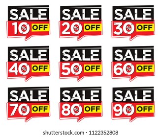 Sale and discount labels. Price off tag icon. 10, 20, 30, 40, 50, 60, 70, 80, 90 percent sale. Vector illustration.