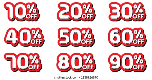 Sale and discount labels. Price off tag icon. 10, 20, 30, 40, 50, 60, 70, 80, 90 percent sale. Vector illustration.