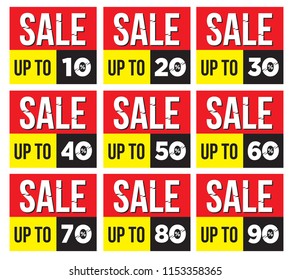 Sale and discount labels. Price off tag icon. 10, 20, 30, 40, 50, 60, 70, 80, 90 percent sale. Vector tags