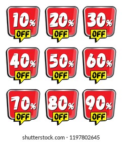 Sale and discount labels. Price off tag icon. 10, 20, 30, 40, 50, 60, 70, 80, 90 percent sale. Vector tags