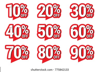 Sale and discount labels. Price off tag icon. 10, 20, 30, 40, 50, 60, 70, 80, 90 percent sale. Vector illustration.