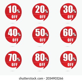 Sale and discount labels set. Price off tag icon. 10, 20, 30, 40, 50, 60, 70, 80, 90 percent sale. Vector illustration.