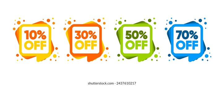 Etiquetas de descuento de venta. Precio de oferta especial. 10, 30, 50 y 70 por ciento de reducción de símbolos. Elementos coloreados. Ilustración vectorial.