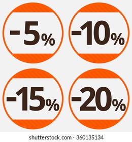 Sale, discount labels. Special offer price signs. 5, 10, 15 and 20 percent off reduction symbols.