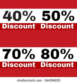 Sale, discount labels. Special offer price signs. 40, 50, 70 and 80 percent off reduction symbols.
