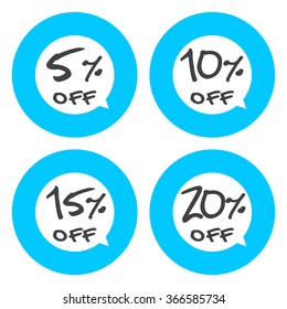 Sale, discount labels. Special offer price signs. 5, 10, 15 and 20 percent off reduction symbols.