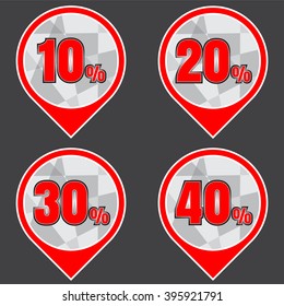 Sale, discount labels. Special offer price signs. 10, 20, 30 and 40 percent off reduction symbols.