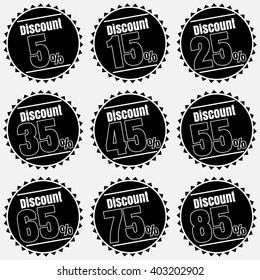 Sale, discount labels. Special offer price signs. 5, 15, 25, 35, 45, 55, 65, 75 and 85 percent off reduction symbols.