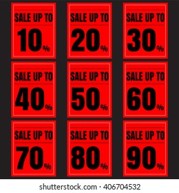 Sale, discount labels. Special offer price signs. 10, 20, 30, 40, 50, 60, 70, 80 and 90 percent off reduction symbols.