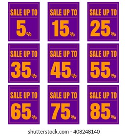 Sale, discount labels. Special offer price signs. 5, 15, 25, 35, 45, 55, 65, 75 and 85 percent off reduction symbols.