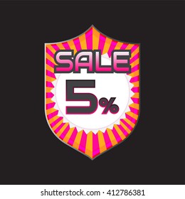 Sale, discount labels. Special offer price signs. 5 percent off reduction symbol.