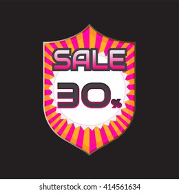 Sale, discount labels. Special offer price signs. 30 percent off reduction symbol.