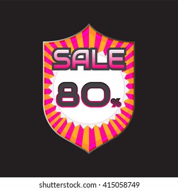 Sale, discount labels. Special offer price signs. 80 percent off reduction symbol.