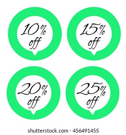 Sale, discount labels. Special offer price signs. 10, 15, 20 and 25 percent off reduction symbols.