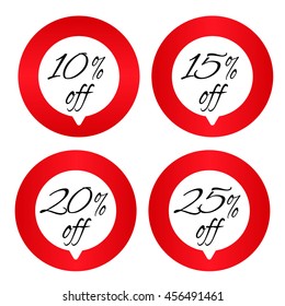 Sale, discount labels. Special offer price signs. 10, 15, 20 and 25 percent off reduction symbols.