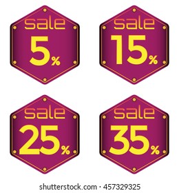Sale, discount labels. Special offer price signs. 5, 15, 25 and 35 percent off reduction symbols.