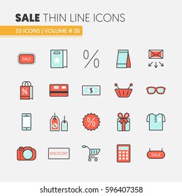 Sale Discount Linear Thin Line Vector Icons Set with Shopping Elements