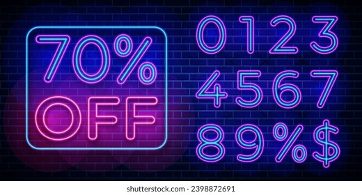 Sale Discount numbers neon sign board vector. Price off tag design collection. 0, 1, 2, 3, 4, 5, 6, 7, 8, 9, percent and dollar illustration.