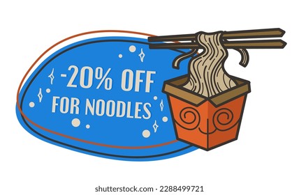 Sale and discount on noodles in Asian restaurant. Japanese and chinese dishes ready for delivery. 20 percent off price on meal. Promotional banner or logotype for client. Vector in flat style
