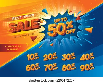 Sale discount percent labels, Abstract Blue Comic Boom offer Sale Discount label, Discount tags collection with percentage, 10, 20, 30, 40, 50%, 60%, 70, 80%, 90 percent sale promotion. Price off tag svg